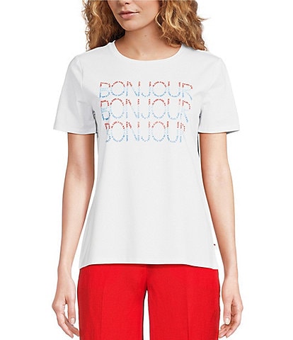 KARL LAGERFELD PARIS Crew Neck Short Sleeve Bonjour Graphic Tee Shirt
