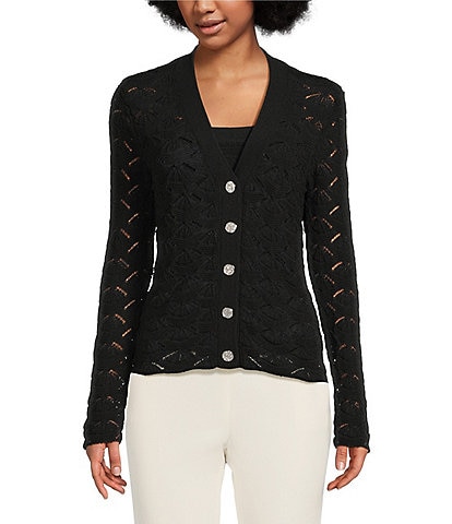 KARL LAGERFELD PARIS Crochet Knit V-Neck Long Sleeve Coordinating Cardigan