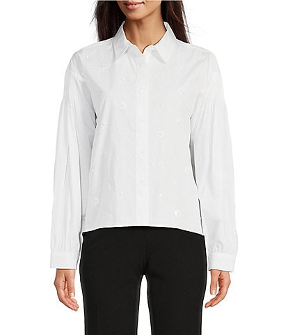 KARL LAGERFELD PARIS Cropped Embellished Long Sleeve Button Down Blouse