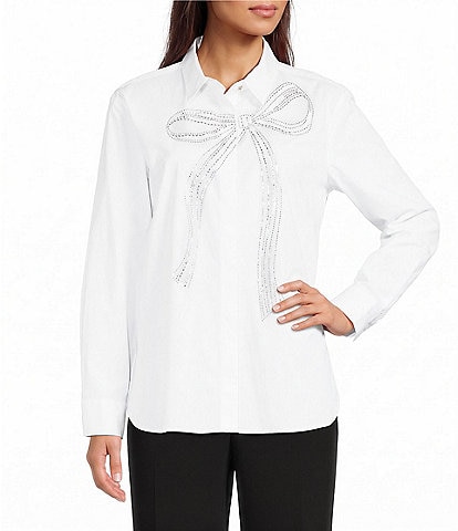 KARL LAGERFELD PARIS Crystal Bow Poplin Point Collar Button Front Blouse