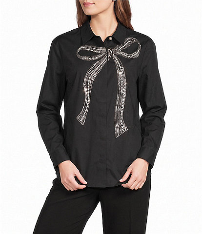 KARL LAGERFELD PARIS Crystal Bow Poplin Point Collar Button Front Blouse