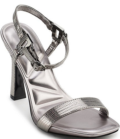 KARL LAGERFELD PARIS Cybil Lizard Embossed Metallic Ankle Strap Sandals