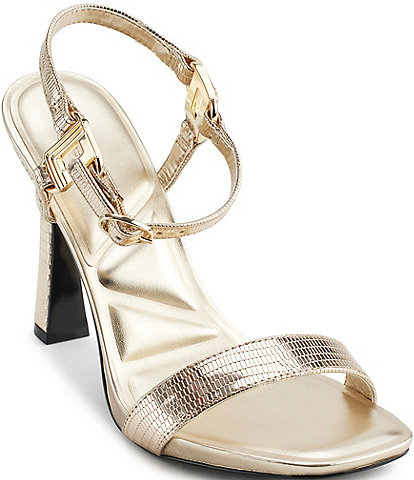 KARL LAGERFELD PARIS Cybil Lizard Embossed Metallic Ankle Strap Sandals