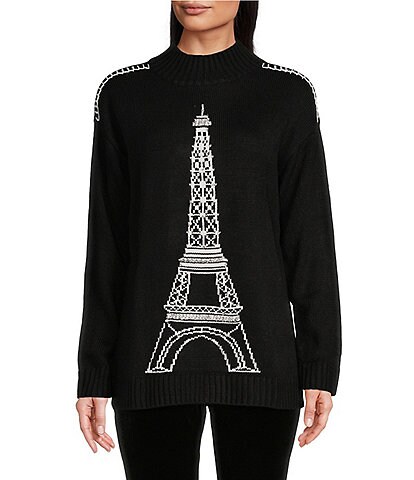 KARL LAGERFELD PARIS Diamond Embellished Eiffel Tower Logo Mock Neck Long Sleeve Sweater
