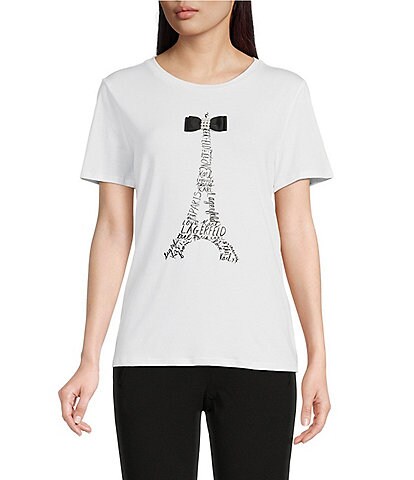 KARL LAGERFELD PARIS Eiffel Tower Bow Detail Jewel Neck Short Sleeve Knit Tee