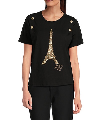 KARL LAGERFELD PARIS Eiffel Tower Knit Crew Neck Short Sleeve Tee Shirt