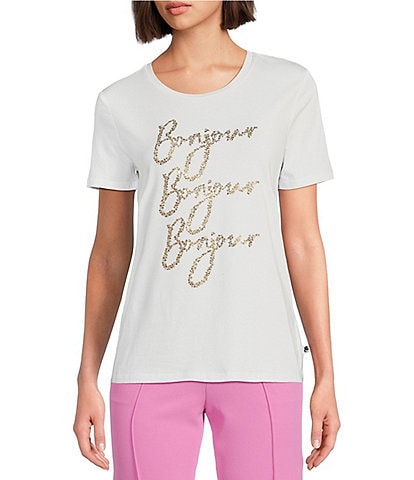 KARL LAGERFELD PARIS Embellished Bonjour Crew Neck Short Sleeve Tee Shirt