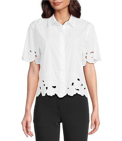 KARL LAGERFELD PARIS Embroidered Cutout Floral Camp Shirt