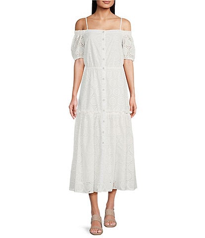 KARL LAGERFELD PARIS Eyelet Off-the-Shoulder Neck Short Puffed Sleeve Button Front Ruffled Dress