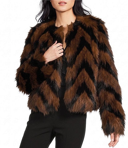 KARL LAGERFELD PARIS Faux Fur Chevron Pattern Collarless Front Hook Coat