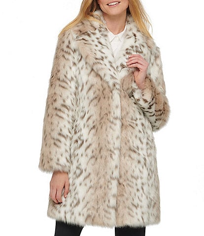 KARL LAGERFELD PARIS Faux Fur Snow Leopard Single Breasted Notch Collar Coat