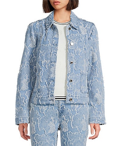 KARL LAGERFELD PARIS Floral Point Collar Long Sleeve Button-Front Jacquard Denim Jacket