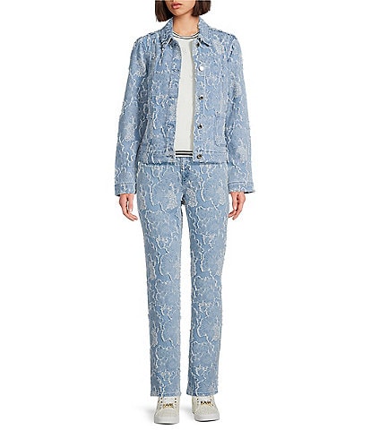 KARL LAGERFELD PARIS Floral Point Collar Long Sleeve Button-Front Jacquard Denim Jacket