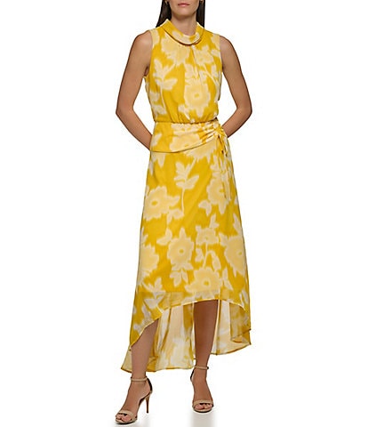 KARL LAGERFELD PARIS Floral Print Mock Neck Sleeveless High-Low Hem Maxi Dress
