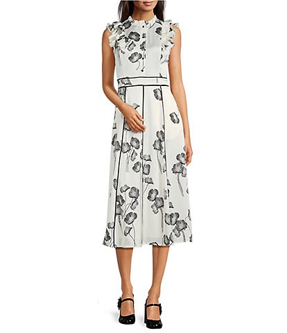 KARL LAGERFELD PARIS Floral Print Satin Crepe Round Neck Flutter Sleeve Midi A-Line Dress