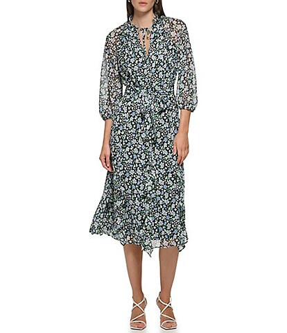 KARL LAGERFELD PARIS Floral Print V-Neck 3/4 Sleeve Ruffled Skirt Midi Dress