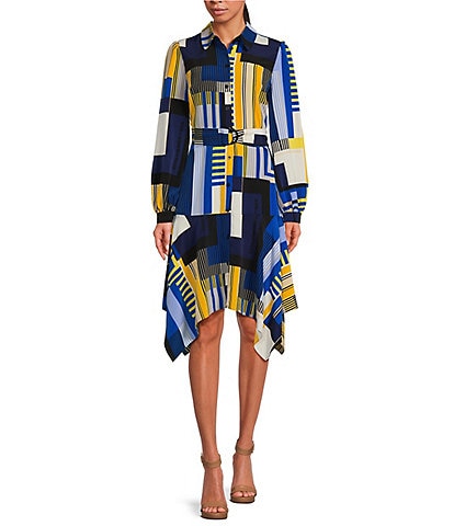 KARL LAGERFELD PARIS Geometric Print Belted Long Sleeve Point Collar Shirt Dress