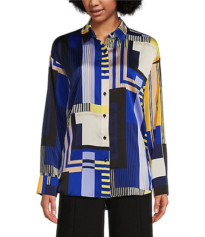 KARL LAGERFELD PARIS Geometric Print Long Sleeve Oversized Point Collar Button Front Blouse