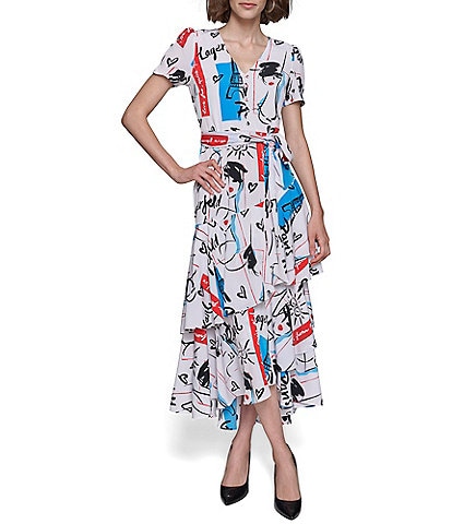 KARL LAGERFELD PARIS Geometric Short Sleeve Maxi Dress