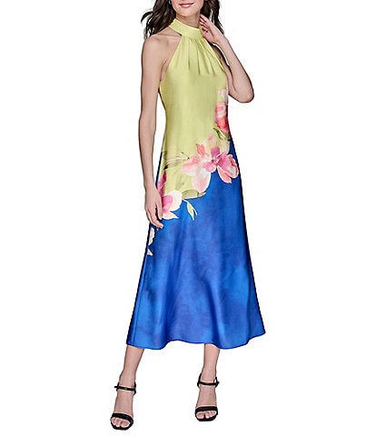 KARL LAGERFELD PARIS Halter Neck Charmeuse Floral Print Slip Midi Dress
