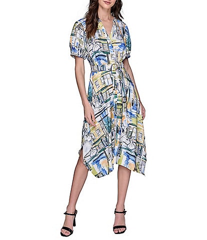 KARL LAGERFELD PARIS Handkerchief Hem Split V-Neckline Short Sleeve Button Front Shirt Midi Dress