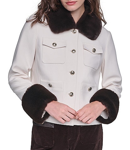 KARL LAGERFELD PARIS Heavy Double Woven Point Collar Long Sleeve Short Front Button Jacket