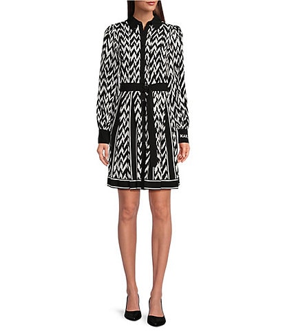 KARL LAGERFELD PARIS Houndstooth A-Line Collared Long Sleeve Dress