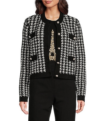 KARL LAGERFELD PARIS Houndstooth Flap Pocket Long Sleeve Button Front Cardigan