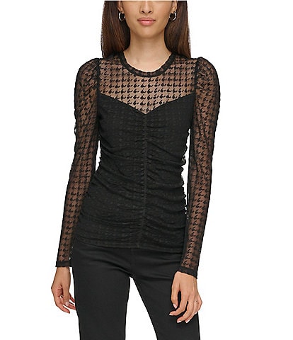 KARL LAGERFELD PARIS Houndstooth Mesh Knit Crew Neck Puff Sleeve Ruched Detail Top