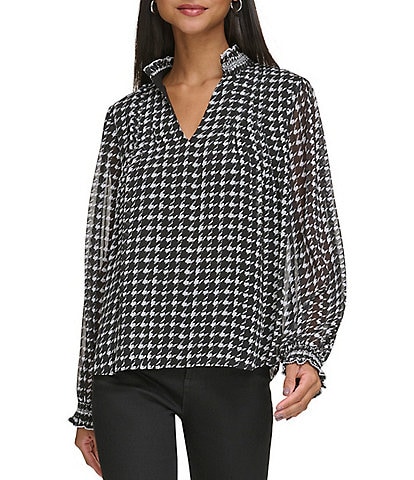 KARL LAGERFELD PARIS Houndstooth Print Collared V-Neck Long Sleeve Pleated Blouse