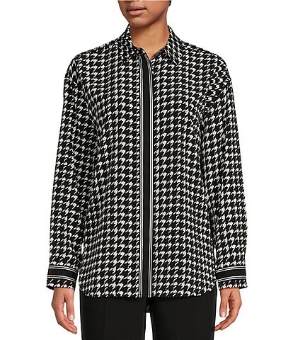 KARL LAGERFELD PARIS Houndstooth Woven Point Collar Long Sleeve Button Front Shirt