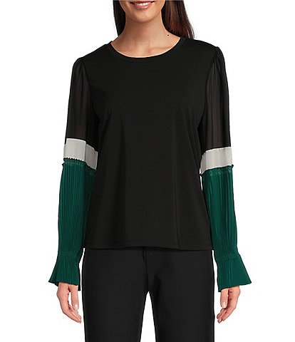 KARL LAGERFELD PARIS Knit Color-Block Crew Neck Flare-Edge Long Sleeve Top