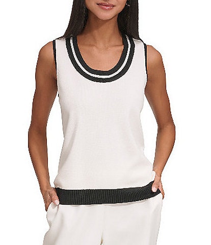 KARL LAGERFELD PARIS Knit Contrast Trim Scoop Neckline Sleeveless Tank