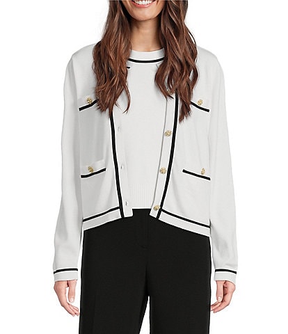 KARL LAGERFELD PARIS Knit Crew Neck Long Sleeve Embellished Button-Front Cardigan