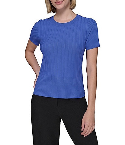 KARL LAGERFELD PARIS Knit Crew Neck Short Sleeve Ribbed Sweater