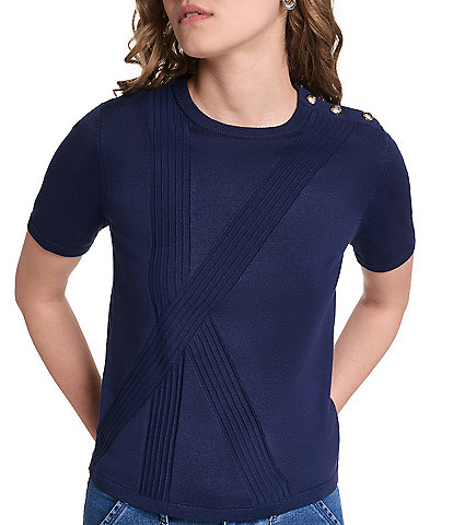 KARL LAGERFELD PARIS Knit Crew Neck Short Sleeve Sweater Top
