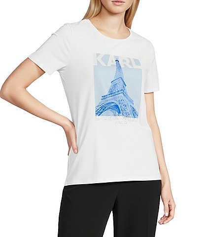 KARL LAGERFELD PARIS Knit Eiffel Tower Round Neck Short Sleeve Tee