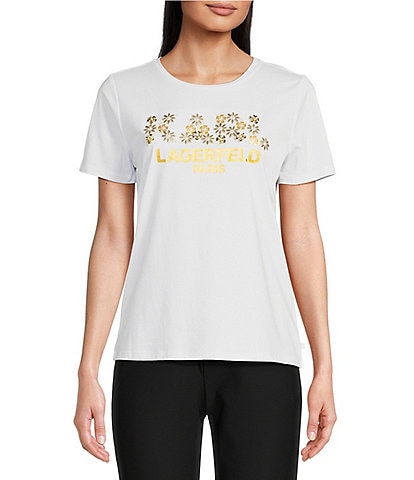 KARL LAGERFELD PARIS Knit Embellished Logo Short Sleeve Tee