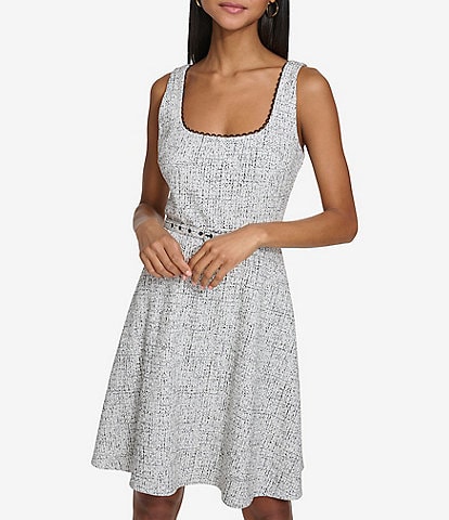 KARL LAGERFELD PARIS Knit Jacquard Square Neck Sleeveless Belted Mini Dress