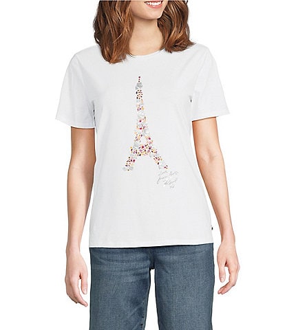 KARL LAGERFELD PARIS Knit Jersey Crew Neck Short Sleeve Embellished Eiffel Tower Tee
