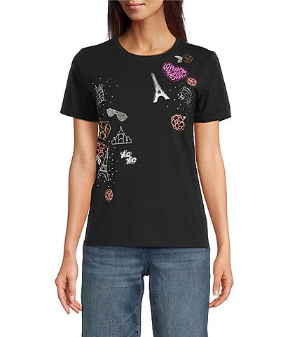 KARL LAGERFELD PARIS Knit Jersey Embellished Crew Neck Short Sleeve Tee
