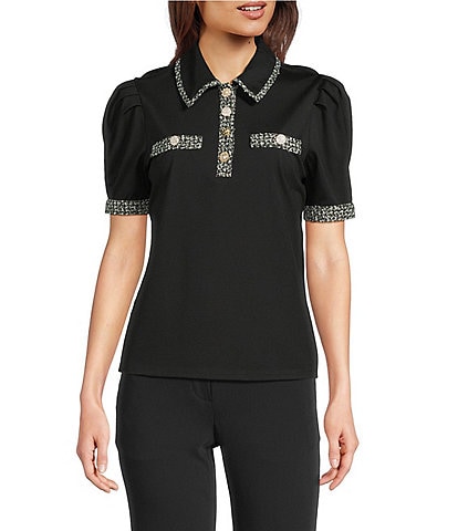 KARL LAGERFELD PARIS Knit Jersey Point Collar Short Sleeve Tweed Trim Top