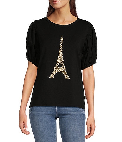 KARL LAGERFELD PARIS Knit Pearl Eiffel Tower Crew Neck Short Sleeve Tee Shirt