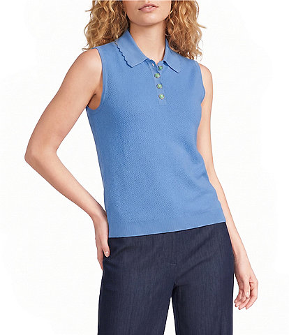 KARL LAGERFELD PARIS Knit Point Collar Sleeveless Scallop Trim Top