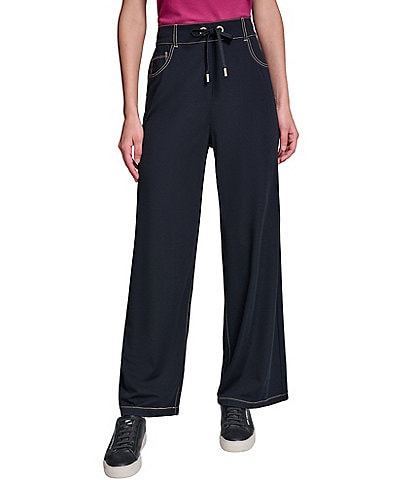 KARL LAGERFELD PARIS Knit Refined Jersey Flat Front Wide Leg Drawstring Front Pants