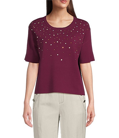 KARL LAGERFELD PARIS Knit Rhinestone Crew Neck Short Sleeve Top
