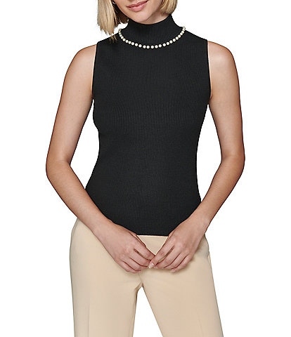 KARL LAGERFELD PARIS Knit Sleeveless Turtleneck Pearl Detail Top