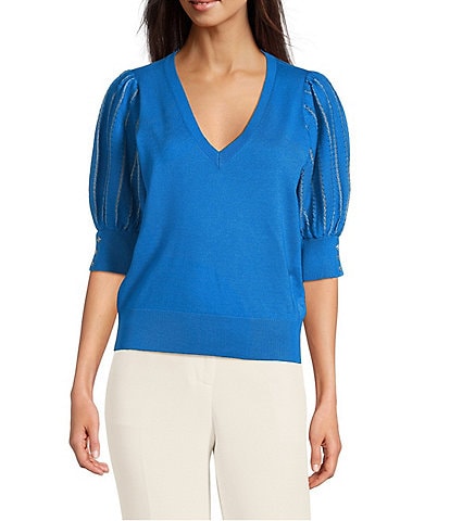 KARL LAGERFELD PARIS Knit Solid V-Neck Short Stripe Puff Sleeve Sweater