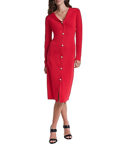 KARL LAGERFELD PARIS Knit V-Neck Button Front Midi Dress