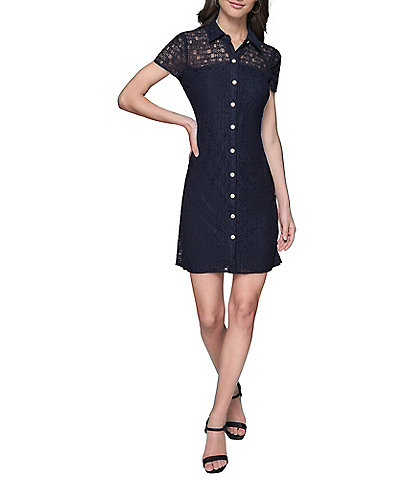 KARL LAGERFELD PARIS Lace Point Collar Neck Short Sleeve Button Front Shirt Mini Dress